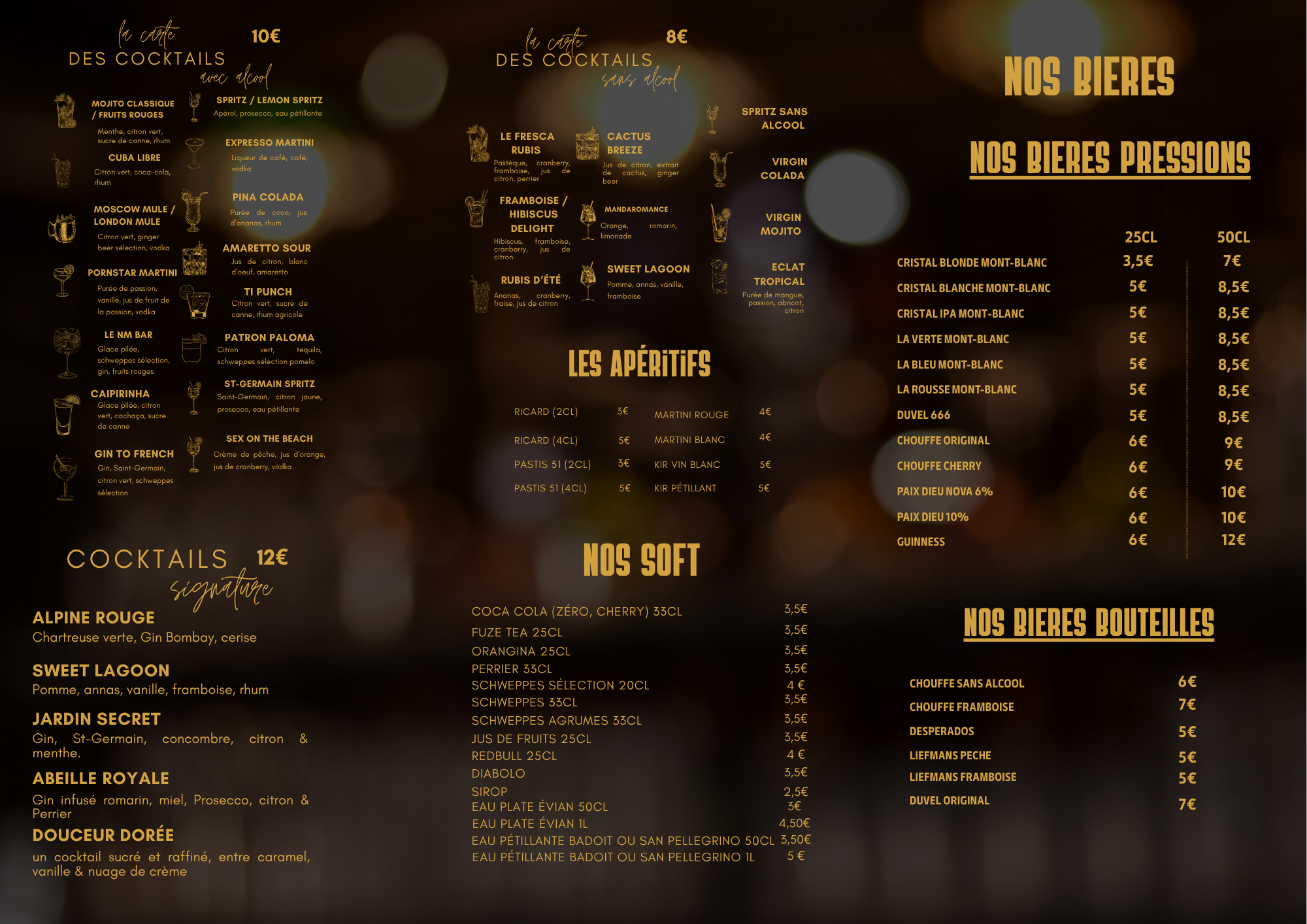 Carte des cocktails, bières et boissons du NM